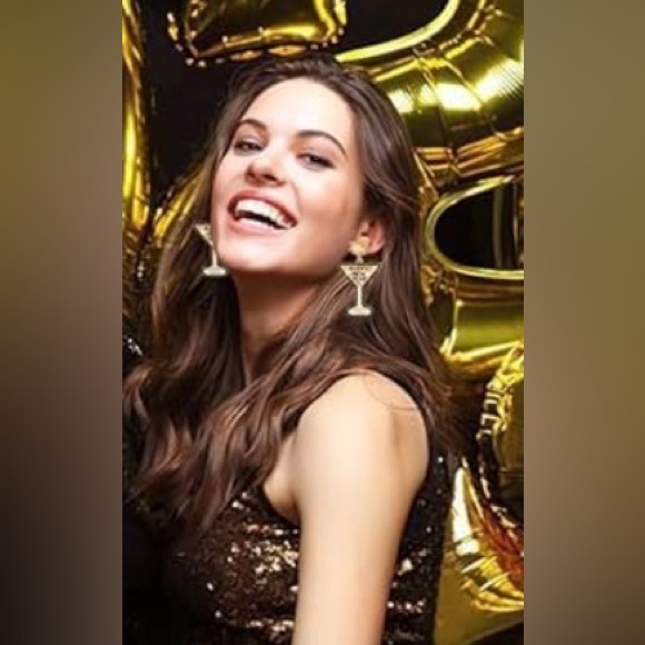 Gold & Black Rhinestone Happy New Year Martini Glass Earrings | NYE Jewelry - Picture 4 of 4